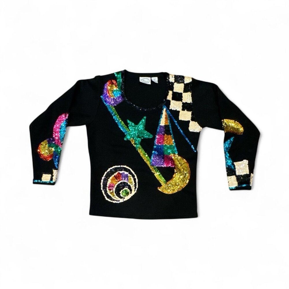 VTG OS International Sequinned Abstract Star Moon Squares Black Knit Top Wm's M